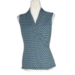 NWT Tahari Fitted Sleeveless Knit Wrap Top Geometric Print Blue Green Medium